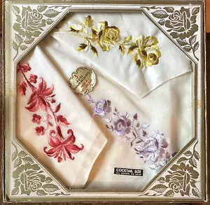 Boxed Vintage Embroidered Hankerchiefs Floral Set of 3 Red Yellow Purple - Picture 1 of 9
