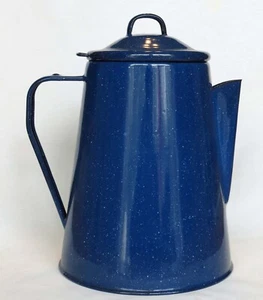 Blue speckled enamelware coffee pot with coffee basket - Picture 1 of 2