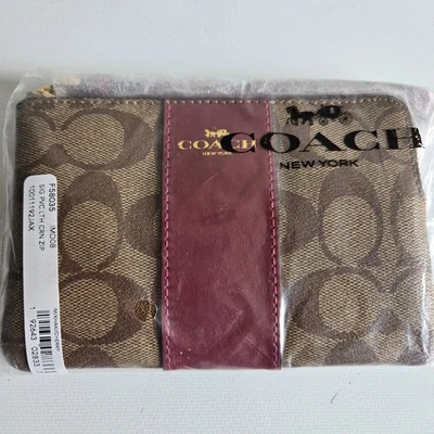 COACH Signature PVC Leather Corner Zip Wristlet Wallet Khaki Cherry F58035 New - Image 1 of 4
