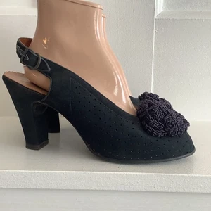 Vintage 1940's Navy Suede Leather Peep Toe Slingback Heels Pumps SZ. 8 1/2 - Picture 1 of 10