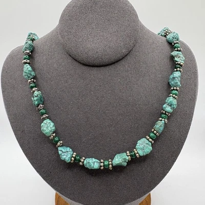 Chunky Turquoise Nugget Malachite Bead Necklace 25in Sterling Silver Toggle 49g - Image 1 of 4