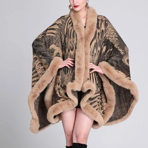 Womens Peacock Feather Pattern Faux Rabbit Fur Collar Shawl Cape Knit Coat Retro - Picture 1 of 20