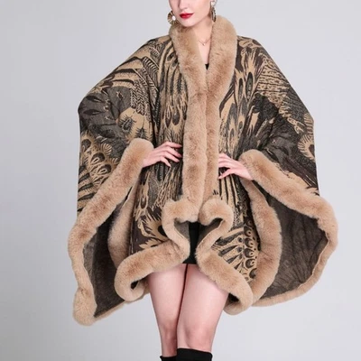 Womens Peacock Feather Pattern Faux Rabbit Fur Collar Shawl Cape Knit Coat Retro - Image 1 of 4