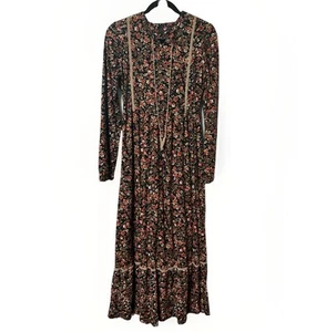 Pink Lady Tiered Maxi Dress Womens M Flannel Floral Lace Cottagecore Prairie - Picture 1 of 7