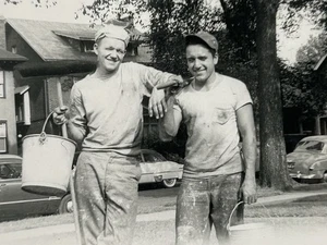 Vintage Photo Handsome Men Painters Workers Work Dirty Hat Bucket - Picture 1 of 4