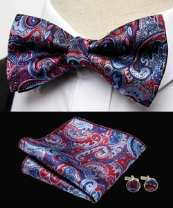 Vintage Men Cufflinks Handkerchiefs Bowtie Sets 3pcs Jacquard Floral Paisley - Picture 1 of 2