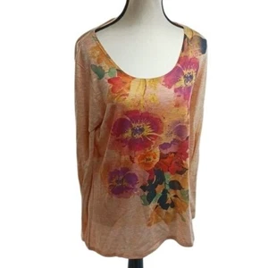 Coldwater Creek T Shirt Orange Floral Long Sleeve Semi Sheer Womens Size M - Picture 1 of 7
