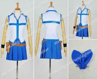 Fairy Tail Cosplay Wizard Lucy Heartfilia Costume White Blue Suit Uniform Skirt - Image 1 of 4