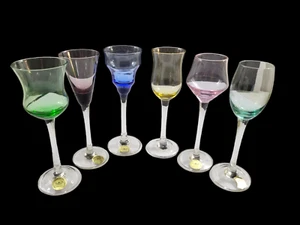 Set/6 cordiali a stelo alto in vetro soffiato caleidoscopio a bocca tagliati a mano lucidati - Foto 1 di 12