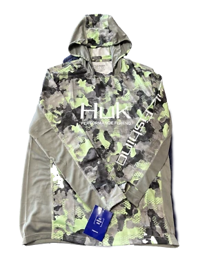 WILSON OUTFITTERS Huk Performance Fishing Camo Hooded Long Sleeve Green Gray #144273 Sun Shirt Men