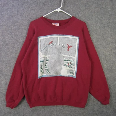 Винтажный Hanes толстовка женщин большой красный кот кардинал зимняя сцена пуловер 90-х - Изображение 1 из 4