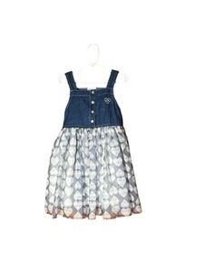 Calvin Klein Dress Girl’s 5 Blue Denim Mesh Overlay Hearts Sleeveless Lined - Picture 1 of 5