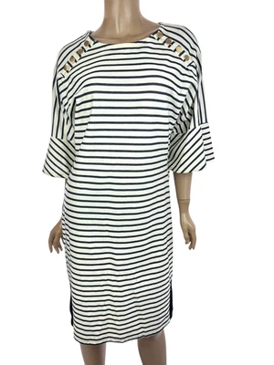 Talbots Dress Navy Blue & White Stripes Sz L Elbow Bell Sleeves Cotton/Polyester - Image 1 of 4