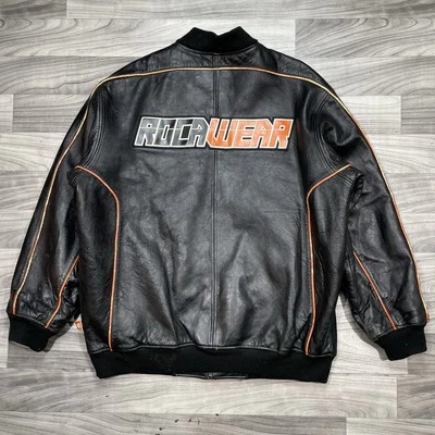 Vintage ROCAWEAR NY Leather Bomber Jacket Mens XXL Varsity Coat Jay Z Black RARE - Image 1 of 4
