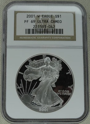 Silver Eagle 2001-W Proof NGC PF 69 Ultra camafeo EE. UU. Como nuevo $1 Foto 1 de 2