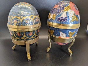 Pair Vintage Large Painted Brass Egg Containers with Lids Stands - Picture 1 of 8