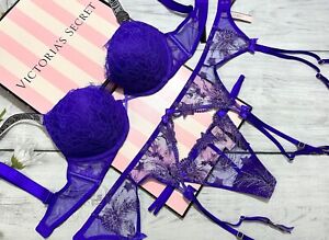 Victoria's Secret Bombshell Lace Push Up Bra Shine Strap 3 piece Set Violet Star