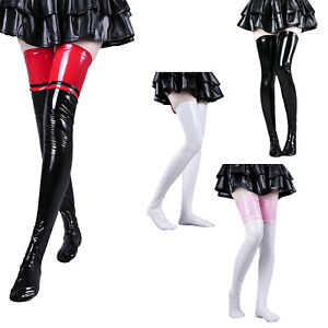 Women's Leather Wet Look Skinny Stocking Latex Contrast Thigh High Stockings