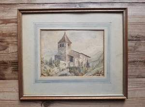 Antigua/Vintage Paisaje Acuarela Pintura Iglesia Montaña - Imagen 1 de 5