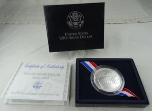 1991-D USO 50th Anniversary Commemorative Unc Silver Dollar Box & COA OGP - Picture 1 of 4