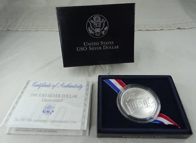 1991-D USO 50th Anniversary Commemorative Unc Silver Dollar Box & COA OGP - Image 1 of 4
