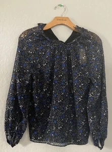 Banana Republic Size XSP Black Blouse w/ Blue Flowers - Picture 1 of 2