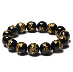 Natural Black Agates Beads Bracelets Bronzing Engraved Dragon Bead Bracelet Bang - Picture 1 of 7