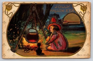 Anfang 1900 lustige Halloween Postkarte Glitzer schwarze Katze Kessel geprägt - Bild 1 von 2