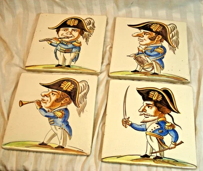 4 MANISES, ESPAÑA BALDOSAS CERÁMICAS PINTADAS A MANO DE MIEMBROS DE BANDA MILITAR-FINALES DE 1800 Foto 1 de 4