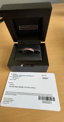 950 Platinum Burmese Ruby Band Ring Size P/ Rhapsody/ with COA - Image 1 of 4
