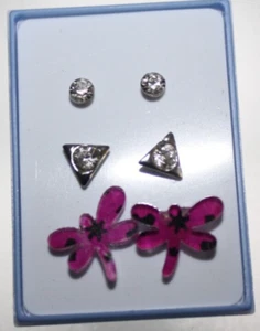 Girl's Set Of Three Earrings Studs Triangles Dragonfly Fashion Jewelry New - Picture 1 of 3
