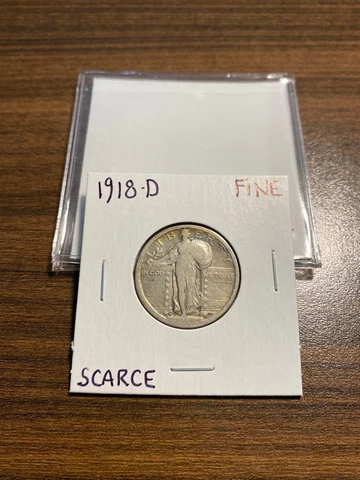 1918-D Standing Liberty Quarter 25C FINE (F) Type 2, Stars Below Eagle Cover