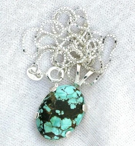 18x13 Oval Turquoise Cabochon Sterling Silver Pendant 18 Inch Italian Box Chain - Picture 1 of 2