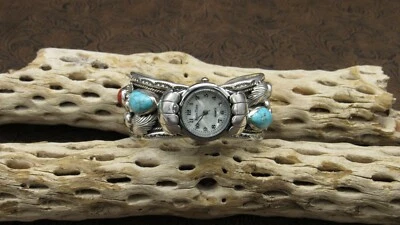 Pulsera brazalete reloj plata esterlina turquesa y coral+ Foto 1 de 4