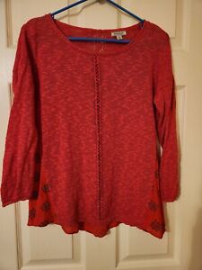 Lucky Brand Womens Top Sweater XS Red Long Sleeve Linen Cotton Peasant