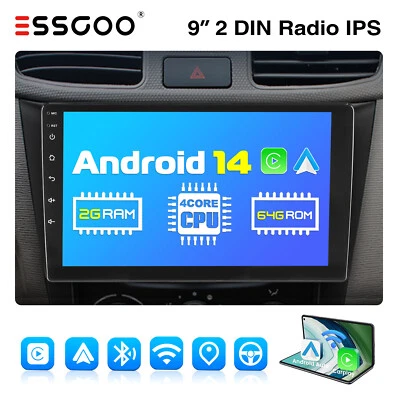 ESSGOO 2 DIN 9" Android 14 Apple Carplay Radio Stereo GPS NAVI WIFI 9" Touch Screen 64G