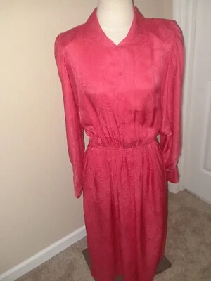Vestido Vintage Neiman Marcus Coral Profundo Rosa Jacquard Paisley 100% Seda Talla 14 Foto 1 de 4