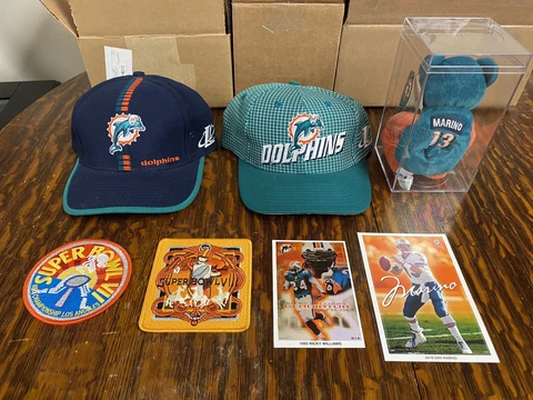 MIAMI DOLPHINS NFL RETRO HAT X 2, MARINO BEAR, SUPER BOWL PATCH, MINI POSTER LOT Cover
