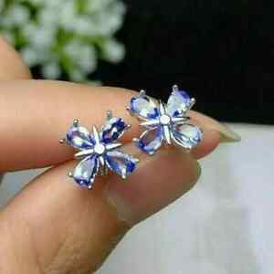 1.50Ct Pear Cut Lab Created Tanzanite Flower Stud Earrings 14k White Gold Plated