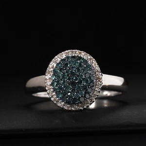 Blue Diamond 14K Gold Round Halo Cluster Ring White Gold VAL $5.7K Size R.5 / 9 - Picture 1 of 11