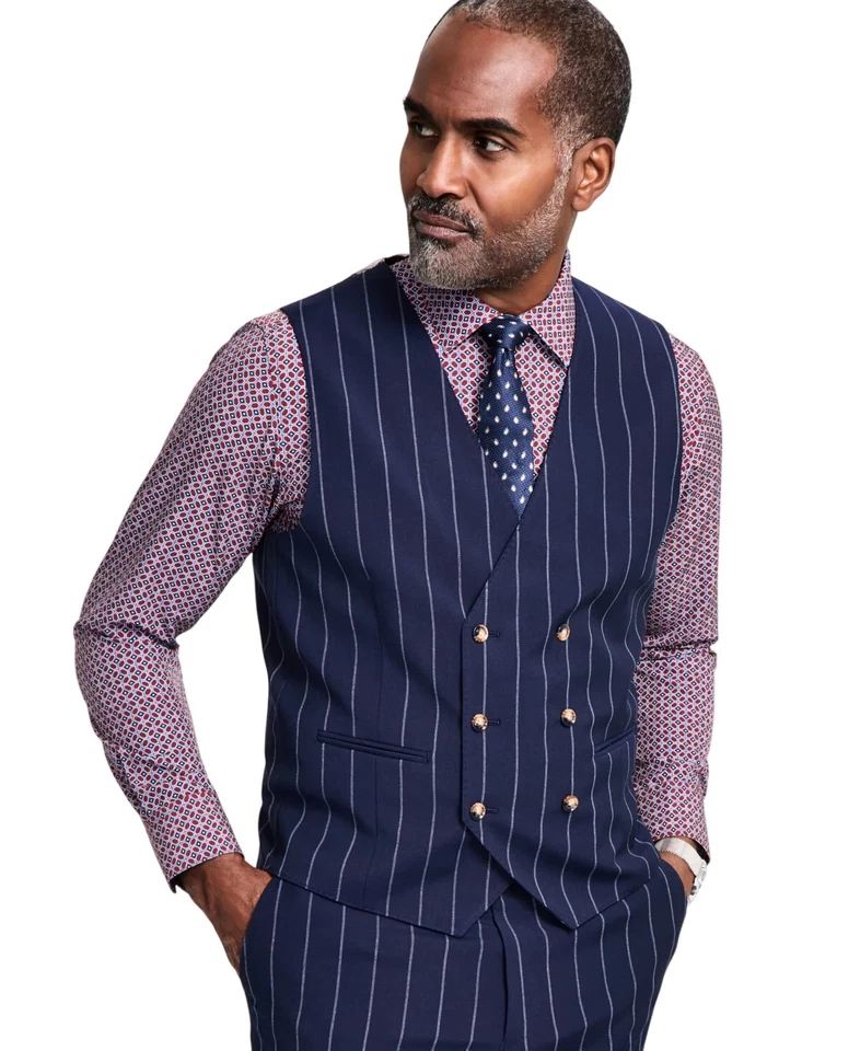 Tayion Mens Regular fit Double Breasted Button-Up Suit Vest Medium Blue Striped - Image 1 of 1