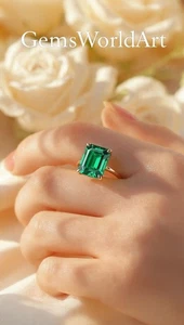 3 Ct Emerald Cut Green Color Diamond Lab Grown Gold Ring GemsWorldArt - Picture 1 of 4