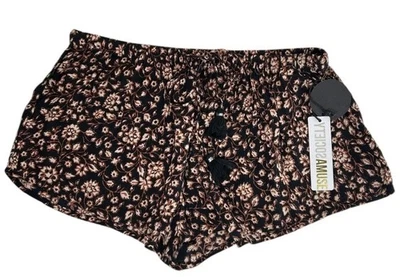 AMUSE SOCIETY Shorts Sz L Orange Black Floral Viscose Woven Cinch Waist Beachy - Image 1 of 4