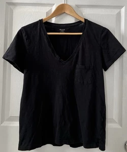 Madewell Tshirt Women Medium Short Sleeve V Neck Cotton Light Pocket Black Top - Picture 1 of 17