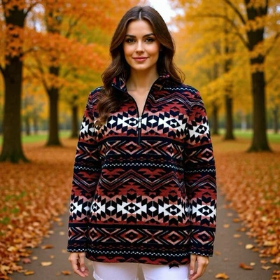 Denim & CO Women S Oversized Jacket Southwest Aztec Print Fleece 1/4Zip Pullover - Image 1 of 4