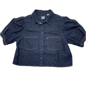 Levi's Alice Balloon Puffed Short Sleeve Denim Blouse Button Down Crop Women's L - Picture 1 of 11