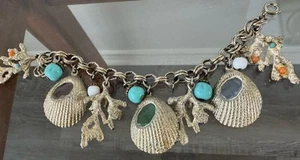 Vintage Chunky Sea Shell Charm Bracelet Coral Starfish Shell Nautical Crystal - Picture 1 of 12