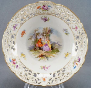 Wolfsohn Dresden Hand Painted Watteau Scene Floral & Gold Reticulated 8 1/4 Bowl - Picture 1 of 11