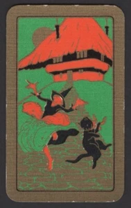 Playing Cards Patience Single Card Old Antique ** DANCING WITCH + BLACK CAT ** B - Picture 1 of 3