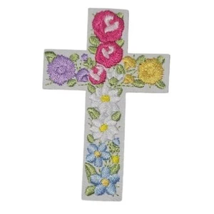 Flower Embroidered Cross Iron-On Patch - Picture 1 of 2